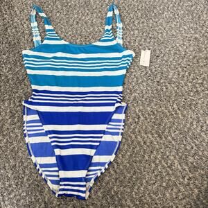 Vintage Anne Cole One Piece Swimsuit Size 14 Blue White Striped Low Back New